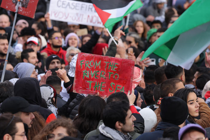 A demonstrator holds a sign reading "From the river to the sea" at a Freedom for Palestine protest in Berlin on Nov. 4.