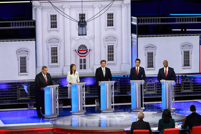 Republican presidential candidates former New Jersey Gov. Chris Christie, former U.N. Ambassador Nikki Haley, Florida Gov. Ron DeSantis, Vivek Ramaswamy and South Carolina Sen. Tim Scott participate in the NBC News Republican Presidential Primary Debate at the Adrienne Arsht Center for the Performing Arts of Miami-Dade County on Thursday in Miami.