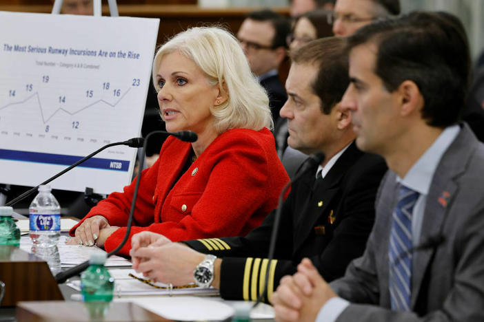 National Transportation Safety Board Chair Jennifer Homendy (left) testifies at a Senate Commerce subcommittee hearing on aviation safety, with Air Line Pilots Association President Capt. Jason Ambrosi (center) and National Air Traffic Controller Association President Rich Santa (right).