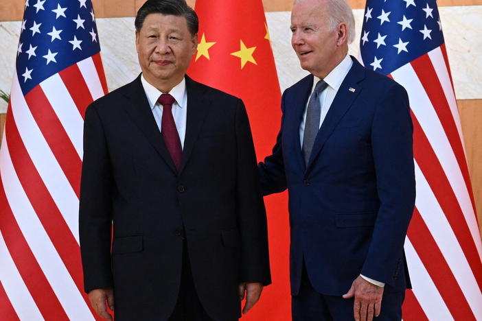 U.S. President Joe Biden and China's President Xi Jinping are shown meeting on the sidelines of the G20 Summit in Nusa Dua on the Indonesian resort island of Bali on November 14, 2022.
