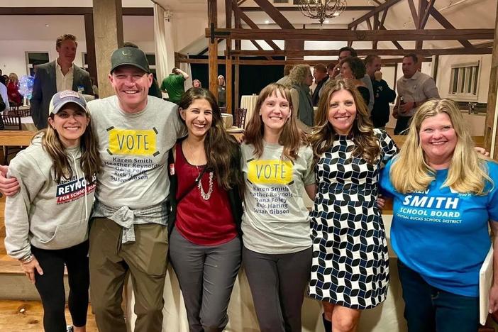 Five Democratic Central Bucks School District candidates pose with current school board member Mariam Mahmud at the Bucks County Democratic headquarters on election night. Pictured left to right: Heather Reynolds, Rick Haring, Mahmud, Susan Gibson, Dana Foley and Karen Smith.