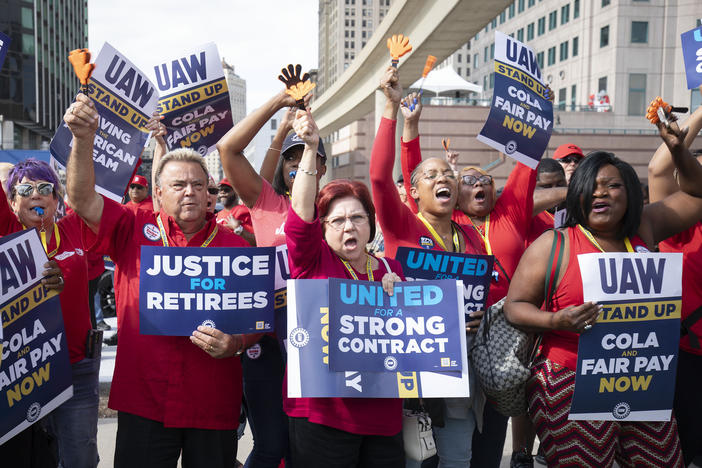 UAW members attend a solidarity rally in Detroit on Sept 15, 2023. The union struck lucrative new deals with each of the Big Three automakers. The UAW now wants to use the momentum to unionize foreign automakers as well as Tesla.