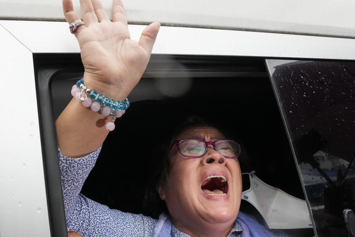 Jailed former Senator Leila de Lima reacts after she goes out of the Muntinlupa City trial court on Monday, Nov. 13, 2023 in Muntinlupa, Philippines.