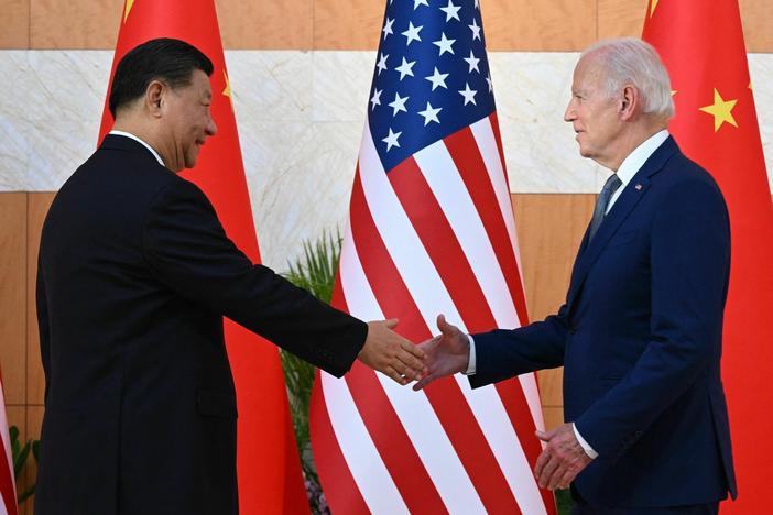 President Biden and China's President Xi Jinping shake hands as they meet on the sidelines of the G-20 summit in Nusa Dua on the Indonesian resort island of Bali on Nov. 14, 2022.