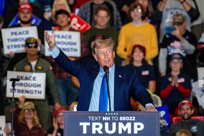 Former President and 2024 Republican president candidate Donald Trump speaks at a campaign rally in Claremont, N.H., on Saturday.