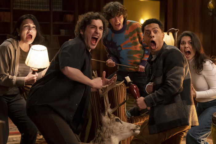 Isa Briones, left, Will Price, Miles McKenna, Zack Morris and Ana Yi Puig in <em>Goosebumps.</em>