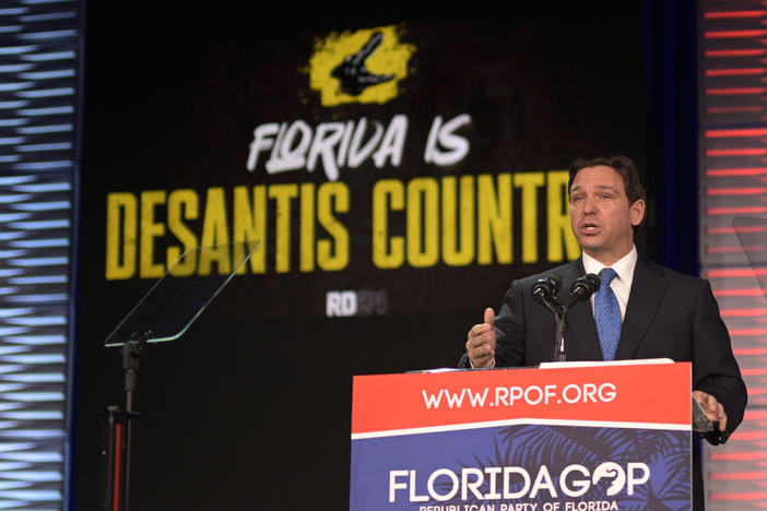 Republican presidential candidate Florida Gov. Ron DeSantis speaks to attendees at the Republican Party of Florida Freedom Summit on Nov. 4, 2023 in Kissimmee, Fla.