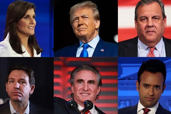 From left to right: former U.N. Ambassador Nikki Haley, former President Donald Trump, former New Jersey Gov. Chris Christie, Florida Gov. Ron DeSantis, North Dakota Gov. Doug Burgum and Vivek Ramaswamy. Republican candidates continue to be pressed on abortion rights on the campaign trail.