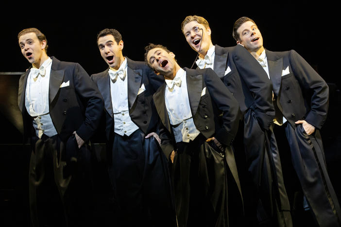 Blake Roman, left, Steven Telsey, Zal Owen, Danny Kornfeld, Eric Peters and Sean Bell in <em>Harmony</em>.