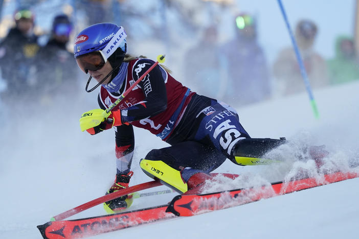 Mikaela Shiffrin speeds down the course during the first run of an alpine ski World Cup women's slalom race, in Levi, Finland, on Nov. 12.
