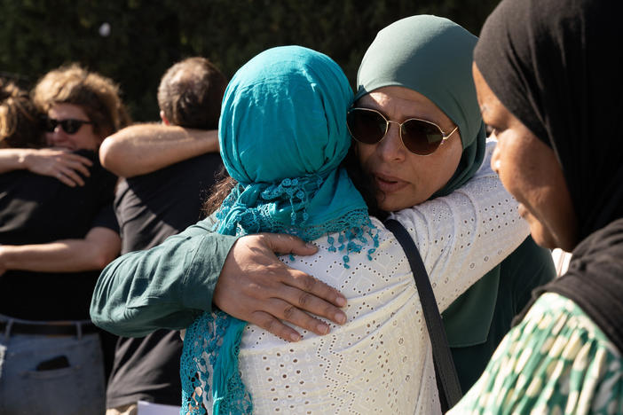 Hundreds of mourners gather for the funeral service of Canadian Israeli peace activist Vivian Silver on Thursday in Kibbutz Gezer, Israel.