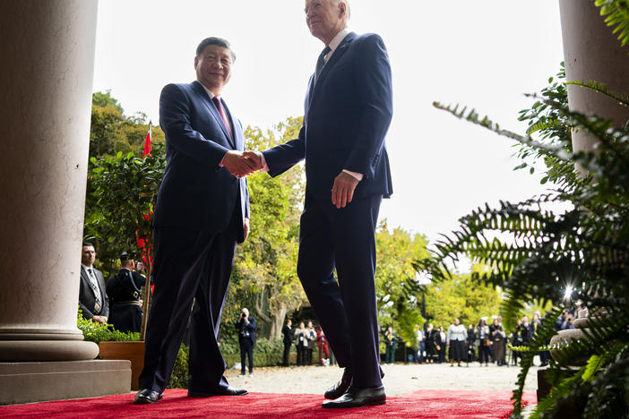 U.S. President Joe Biden greets China's President President Xi Jinping at the Filoli Estate in Woodside, Calif., Wednesday, Nov, 15, 2023, on the sidelines of the Asia-Pacific Economic Cooperative conference.