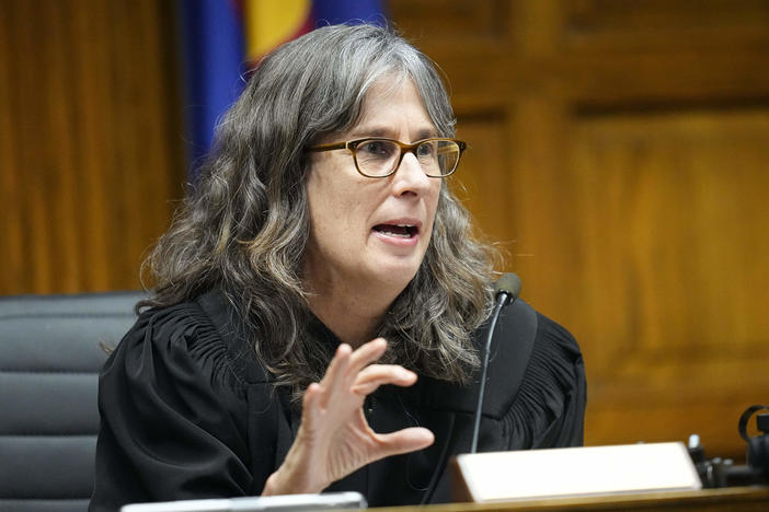 Judge Sarah B. Wallace presides over closing arguments on Nov. 15, 2023 in Denver in a hearing for a lawsuit to keep former President Donald Trump off the state ballot.