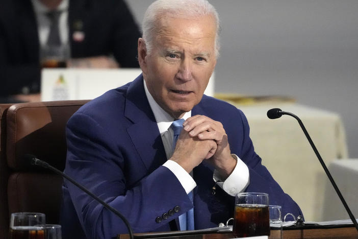 President Joe Biden speaks while sitting next to other leaders during the Asia-Pacific Economic Cooperation (APEC) conference, Thursday, Nov. 16, 2023, in San Francisco.