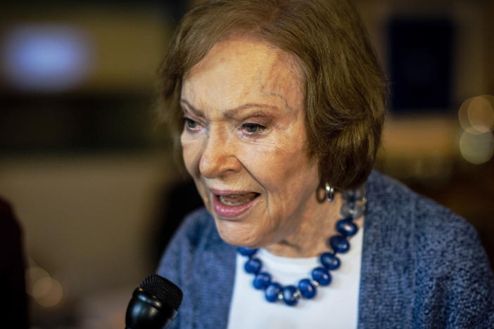 The former first lady Rosalynn Carter speaks to the press at conference at The Carter Center on Tuesday, Nov. 5, 2019, in Atlanta. Rosalynn Carter, the 96-year-old former first lady, is in hospice care at home, the Carter Center says.