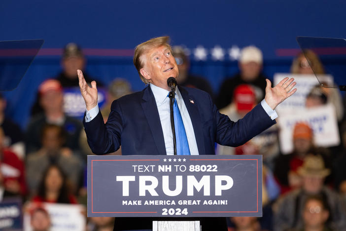 Republican presidential candidate former President Donald Trump delivers remarks during a campaign event on November 11, 2023 in Claremont, New Hampshire.