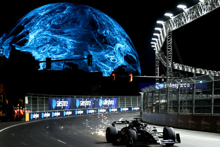 Valtteri Bottas of Finland drives the Alfa Romeo F1 C43 Ferrari on the track during a qualifying round ahead of the F1 Grand Prix in Las Vegas on Friday.