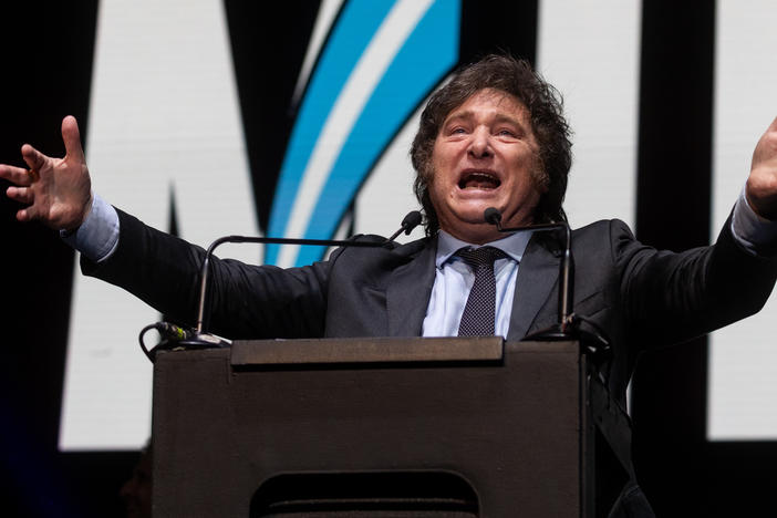 Javier Milei of La Libertad Avanza speaks to supporters during his closing rally at Movistar Arena on Oct. 18 in Buenos Aires.