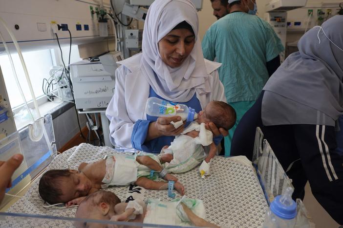 Palestinian medics care for premature babies evacuated from Al-Shifa hospital to the Emirates hospital in Rafah in the southern Gaza Strip on Sunday.