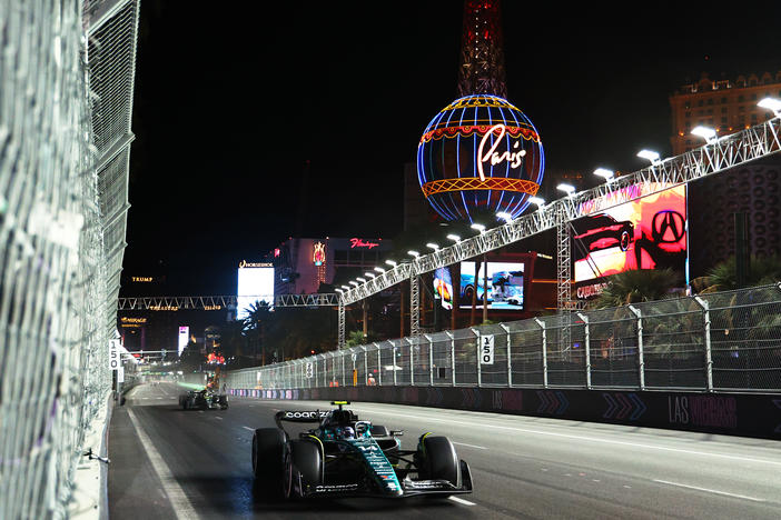 Fernando Alonso of Spain driving the (14) Aston Martin AMR23 Mercedes on track during the F1 Grand Prix of Las Vegas at Las Vegas Strip Circuit on Saturday in Las Vegas.