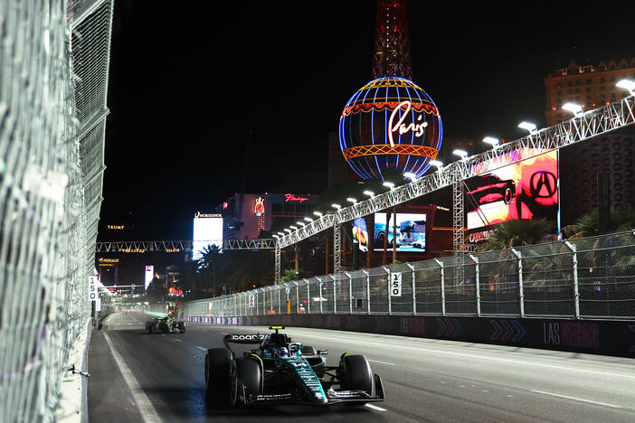 Fernando Alonso of Spain driving the (14) Aston Martin AMR23 Mercedes on track during the F1 Grand Prix of Las Vegas at Las Vegas Strip Circuit on Saturday in Las Vegas.