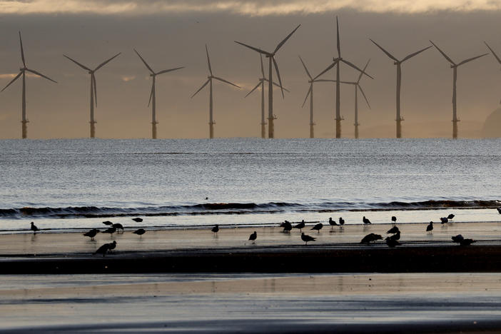 Wind turbines generate electricity off the coast of England. World leaders will meet later this week in Dubai to discuss global efforts to reduce emissions of planet-warming pollution and transition to renewable energy sources.
