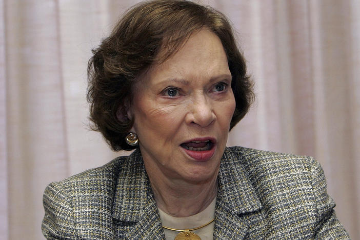 Former first lady Rosalynn Carter discusses a report on mental health and addiction during the 21st annual Rosalynn Carter Symposium on Mental Health Policy at the Carter Center, Nov. 3, 2005, in Atlanta. The advocacy of Carter, who died Nov. 19 at age 96, created a framework for much of the progress on mental illness in America.