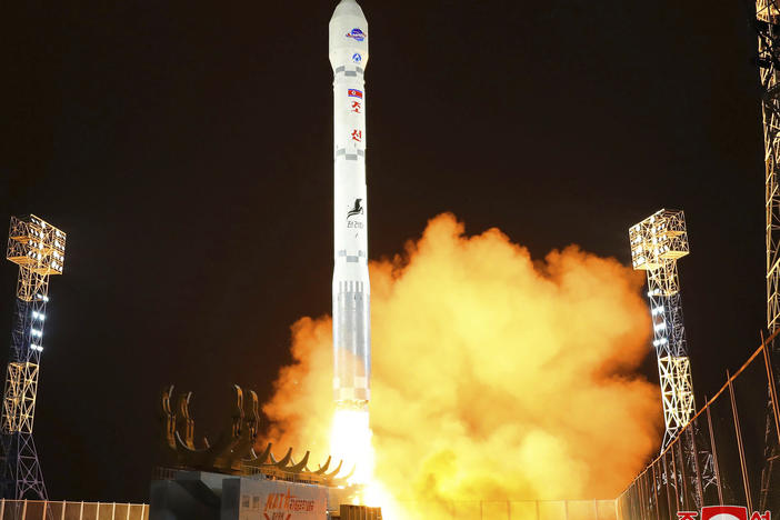 This photo provided by the North Korean government shows what the country said is the launch of the Malligyong-1, a military spy satellite, into orbit on Tuesday, Nov. 21, 2023. Independent journalists were not given access to cover the event depicted in this image distributed by the North Korean government.