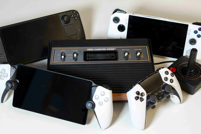 From left to right, top to bottom: the Steam Deck OLED, ASUS Rog Ally, Atari 2600+, PlayStation Portal, and DualSense Edge Controller.