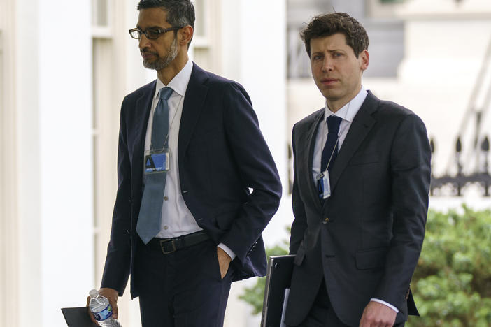 Alphabet CEO Sundar Pichai, left, and OpenAI CEO Sam Altman arrive to the White House for a meeting in May.