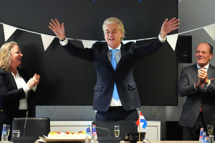 Geert Wilders, the leader of the Dutch Party for Freedom, celebrates in his party office after his party's victory in Wednesday's general election, on Nov. 23, 2023 in The Hague, Netherlands.