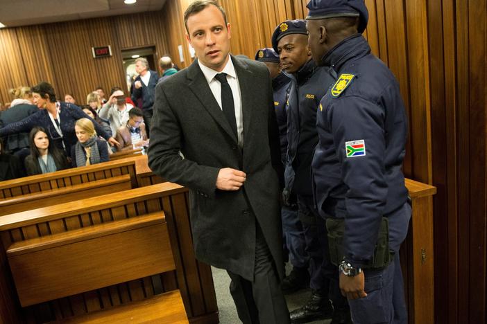 Paralympian athlete Oscar Pistorius, accused of the murder of his girlfriend Reeva Steenkamp, arriving at a court in Pretoria, South Africa, for a hearing in July 2016. The athlete will be released for parole in January.