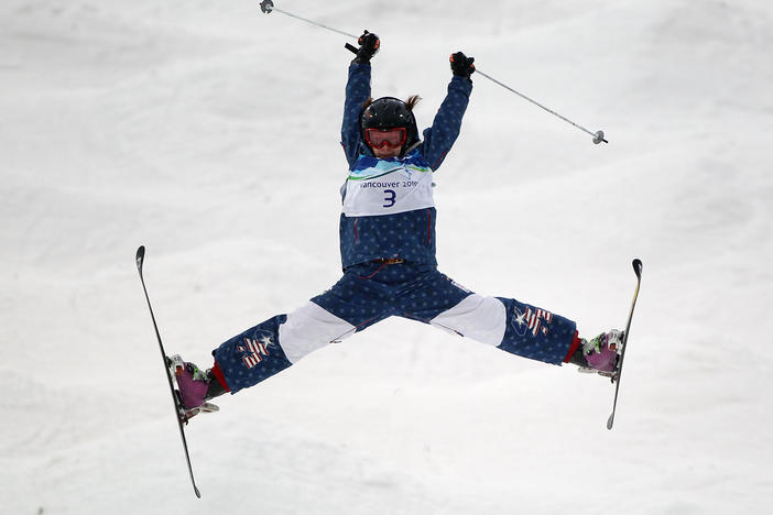 Hannah Kearney competes in the women's freestyle skiing aerials qualification at the Vancouver Winter Olympics in 2010.