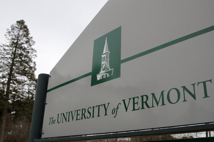 A sign on the University of Vermont campus in Burlington, Vt., is pictured on March 11, 2020.