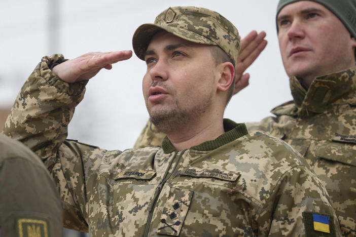 In this file photo, Maj. Gen. Kyrylo Budanov, Ukraine's military intelligence chief, center, attends a commemorative event on the occasion of the Russia Ukraine war one year anniversary in Kyiv, Ukraine, on Feb. 24, 2023.