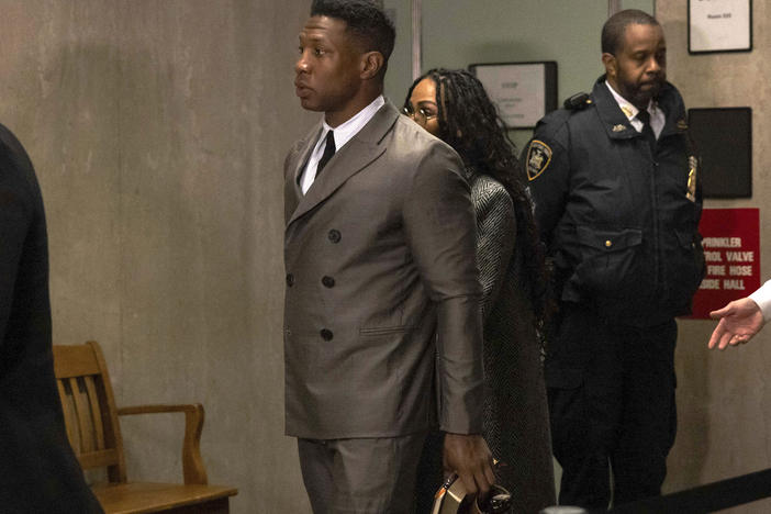 Actor Jonathan Majors arrives at court for jury selection in a domestic violence case.
