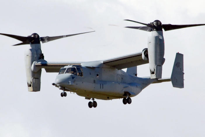 One of two MV22 Osprey tilt-rotor transport aircraft arrives at the Futenma Air Station in Okinawa Prefecture on Aug. 3, 2013.