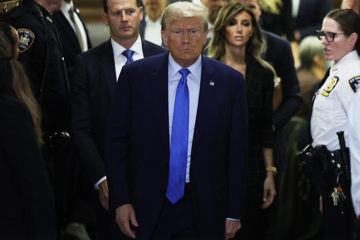 Former President Donald Trump exits the courtroom after testifying at his civil fraud trial at New York State Supreme Court on November 06, 2023 in New York City.