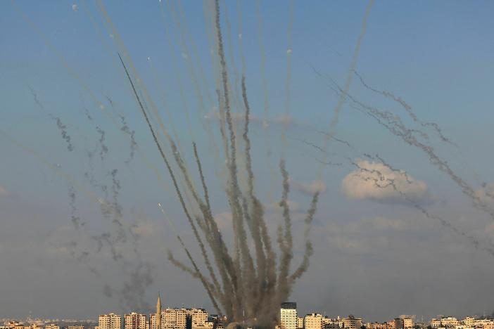 A salvo of rockets is fired by Palestinian militants from Gaza toward Israel on Oct. 10. Hamas' unprecedented attack on Israel started Oct. 7. <a href="https://www.npr.org/2023/10/12/1204881032/hamas-israel-attack-palestinians">A senior Hamas official told NPR</a> that its planning was kept a close secret.