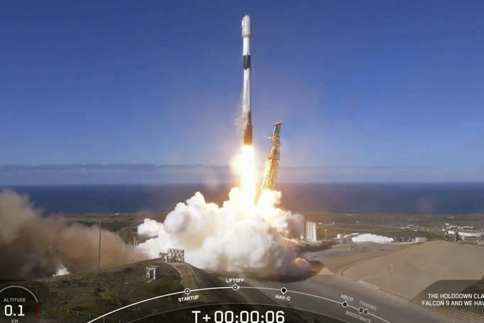 In this image from video provided by SpaceX, South Korea launches its first military spy satellite from Vandenberg Space Force Base in California on Friday.