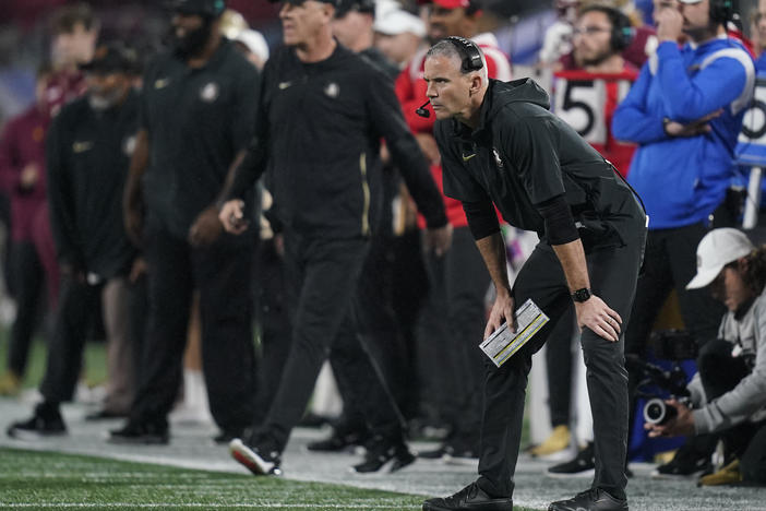 Florida State coach Mike Norvell watches during the second half of the team's Atlantic Coast Conference championship NCAA college football game against Louisville on Saturday, Dec. 2, 2023, in Charlotte, N.C.