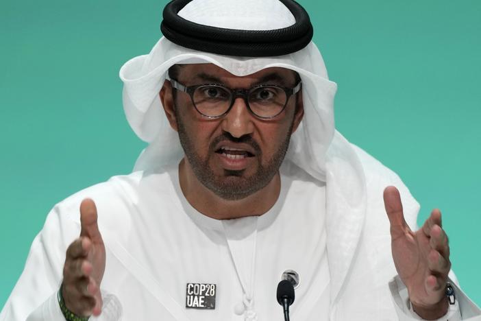 Sultan al-Jaber, who is leading the COP28 United Nations climate talks underway in the United Arab Emirates, speaks during a news conference on December 4, 2023. In a meeting shortly before talks began, he incorrectly insisted that it is not necessary to phase out fossil fuels in order to avoid catastrophic global warming.