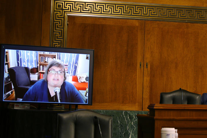 Disinformation researcher Joan Donovan testifying remotely during a U.S. Senate hearing in April 2021. Donovan contends she lost her job at Harvard University due to pressure from the social media company, Meta.