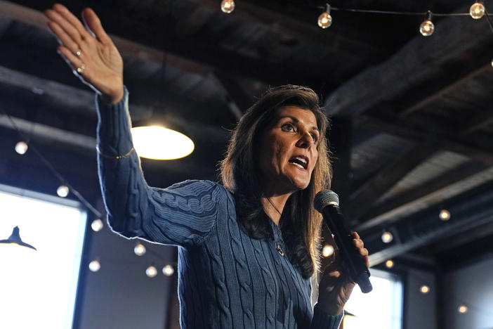 Republican presidential candidate former U.N. Ambassador Nikki Haley addresses a gathering during a campaign stop at a brewery, Nov. 29 in Meredith, N.H.