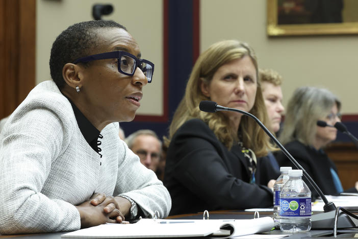 Claudine Gay (from left), president of Harvard University, Liz Magill, president of University of Pennsylvania, Pamela Nadell, professor of history and Jewish studies at American University, and Sally Kornbluth, president of Massachusetts Institute of Technology, testify before the House Education and Workforce Committee on Tuesday.