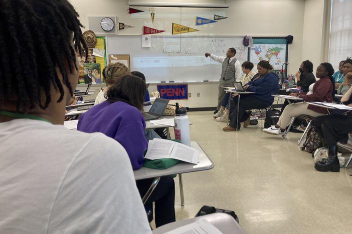 Emmitt Glynn teaches to a group of Baton Rouge Magnet High School students on Jan. 30, in Baton Rouge, La. On Wednesday, the College Board released an updated framework for its new Advanced Placement African American Studies course, months after the nonprofit testing company came under intense scrutiny for engaging with conservative critics.