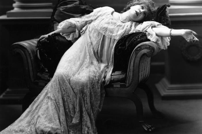 Stage actress Sarah Bernhardt (1844-1923) reclines in a scene from an unnamed theater production.