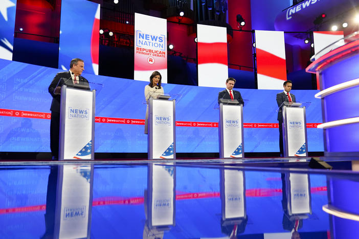 Republican presidential candidates from left, former New Jersey Gov. Chris Christie, former U.N. Ambassador Nikki Haley, Florida Gov. Ron DeSantis, and businessman Vivek Ramaswamy during a Republican presidential primary debate hosted by NewsNation on Wednesday at the University of Alabama in Tuscaloosa, Ala.