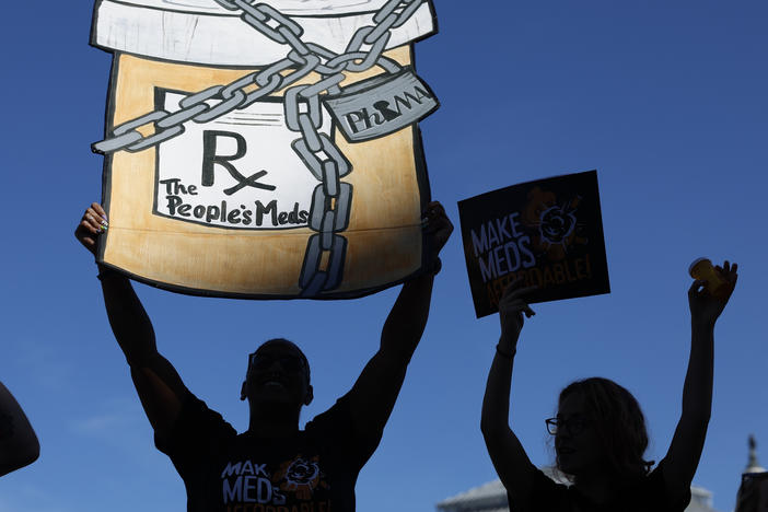Activists protest the prices of prescription drug outside the Department of Health and Human Services in Washington, D.C., in October 2022.