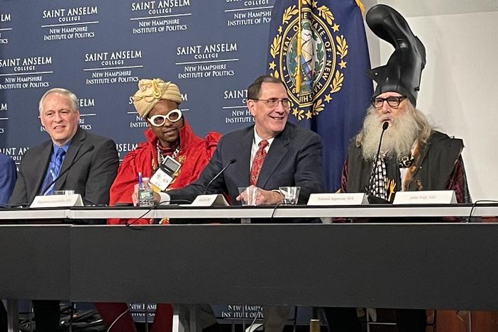 The Lesser-Known Candidate Forum featured 20 of the people who will be on the New Hampshire primary ballot, including (l to r) Donald Picard, Paperboy Love Prince, Richard Rist and Vermin Supreme.